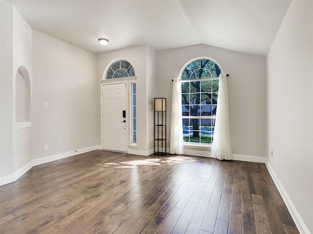 foyer with vaulted ceiling and dark hardwood / wood-style flooring