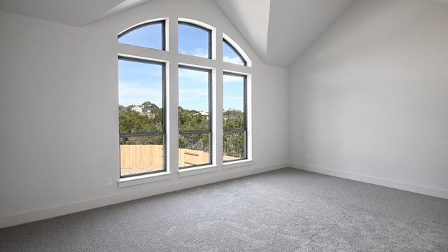 carpeted empty room with high vaulted ceiling and baseboards