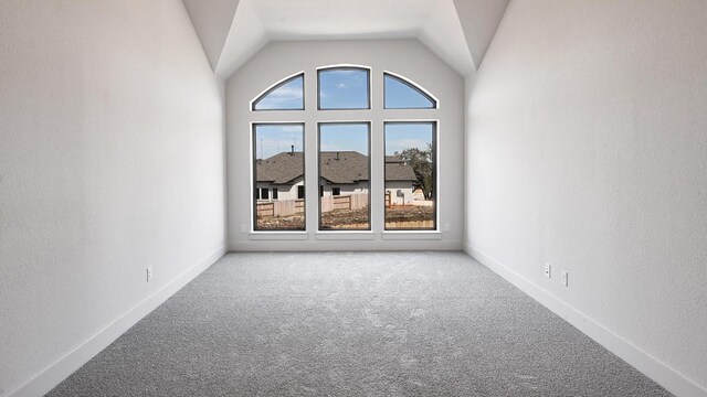 additional living space featuring carpet, vaulted ceiling, and baseboards