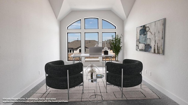 920 Teakmill Trl, San Marcos, TX 78666 - living area featuring an office area, baseboards, and lofted ceiling