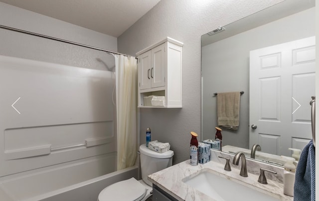 full bathroom featuring vanity, toilet, and shower / bathtub combination with curtain