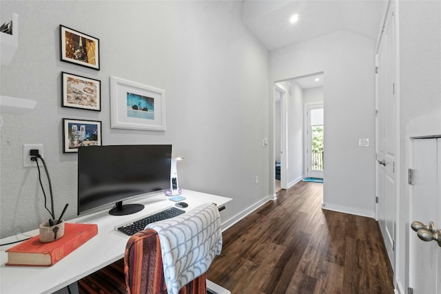 office featuring dark wood-type flooring and vaulted ceiling