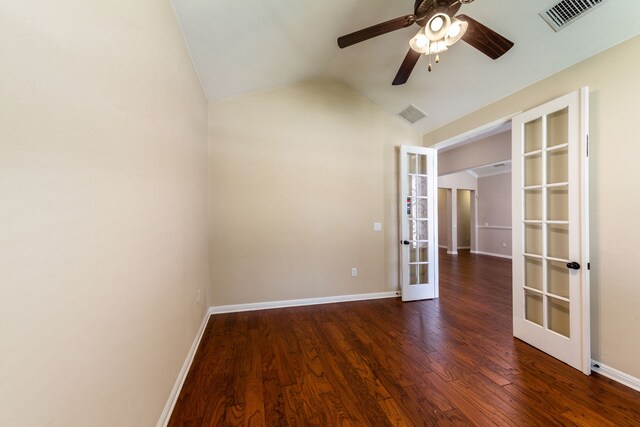 unfurnished room featuring ceiling fan, french doors, dark hardwood / wood-style floors, and lofted ceiling