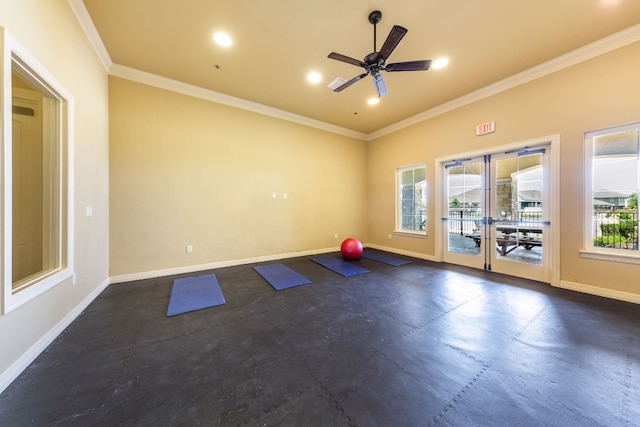 exercise area featuring ornamental molding and ceiling fan