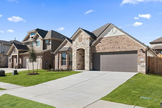 view of front of home with cooling unit, a garage, and a front lawn