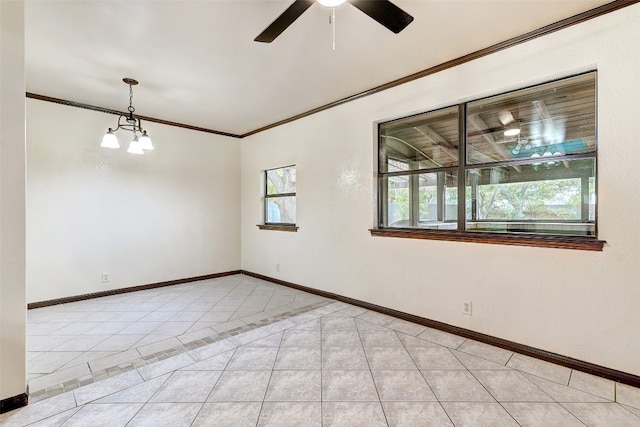 empty room featuring crown molding, ceiling fan with notable chandelier, and light tile patterned floors