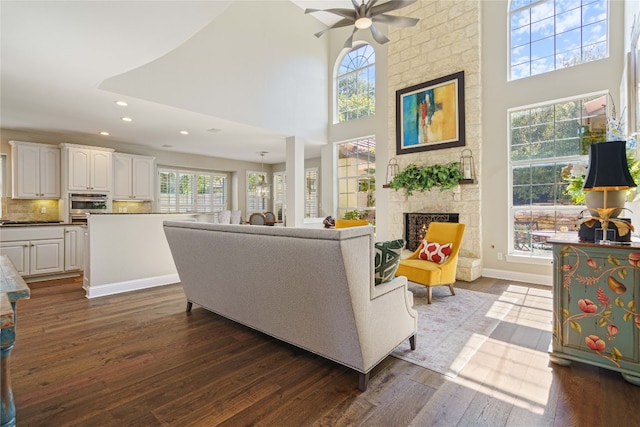 living room with a high ceiling, a stone fireplace, and dark hardwood / wood-style floors