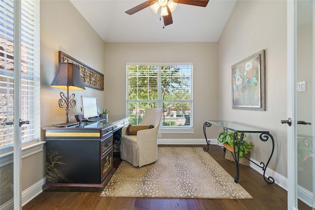 office area with lofted ceiling, dark wood-type flooring, and ceiling fan