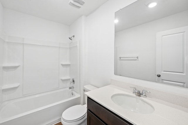 full bathroom featuring toilet, bathtub / shower combination, and vanity