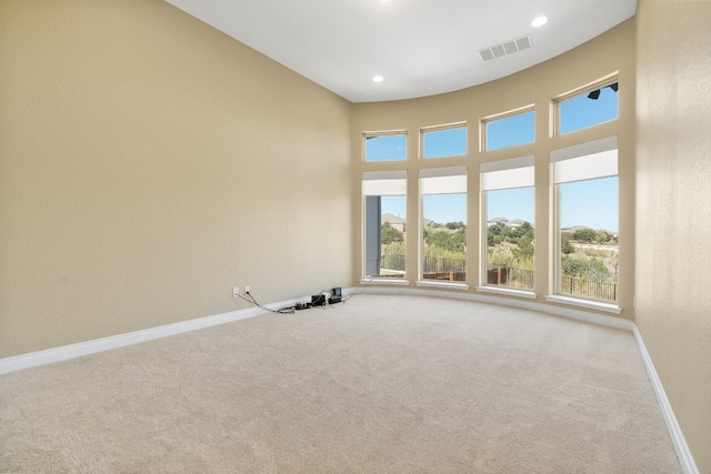 carpeted empty room featuring a towering ceiling