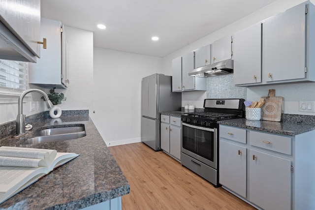 kitchen featuring appliances with stainless steel finishes, light wood-type flooring, gray cabinets, and sink