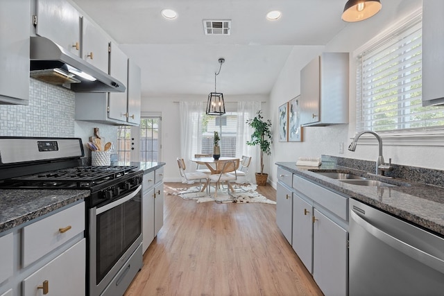 kitchen with stainless steel appliances, light hardwood / wood-style flooring, a wealth of natural light, and sink