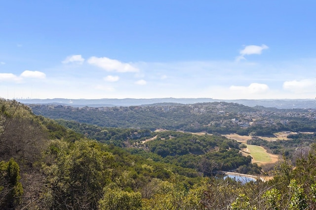 mountain view with a water view and a wooded view