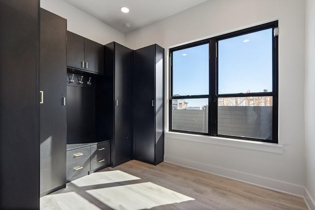 mudroom with light hardwood / wood-style flooring