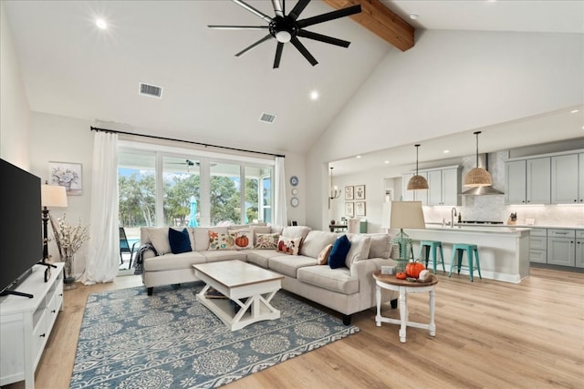 living room featuring beam ceiling, ceiling fan, high vaulted ceiling, light hardwood / wood-style floors, and sink