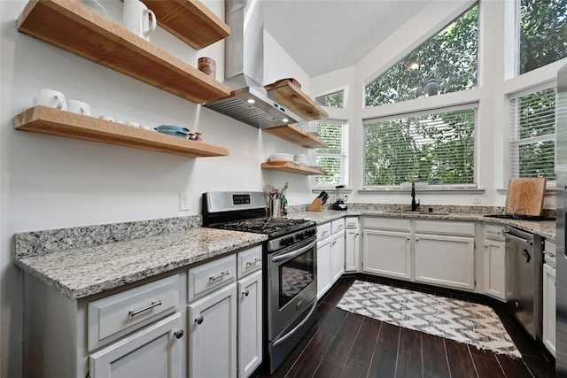 kitchen with light stone countertops, white cabinetry, stainless steel appliances, dark hardwood / wood-style floors, and island exhaust hood