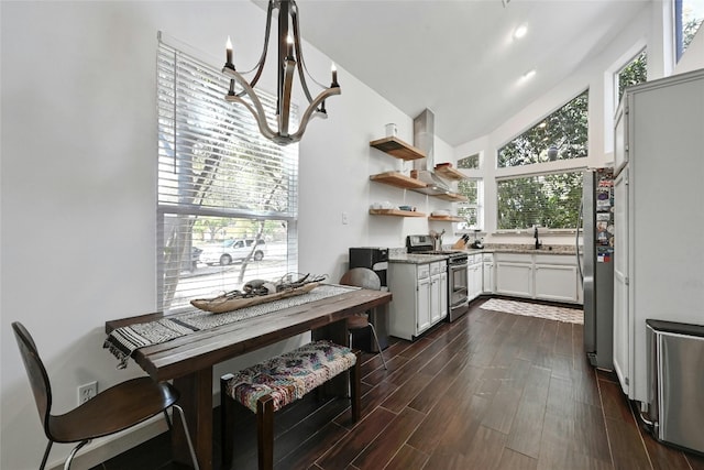 kitchen featuring a healthy amount of sunlight, stainless steel range oven, and dark wood-type flooring