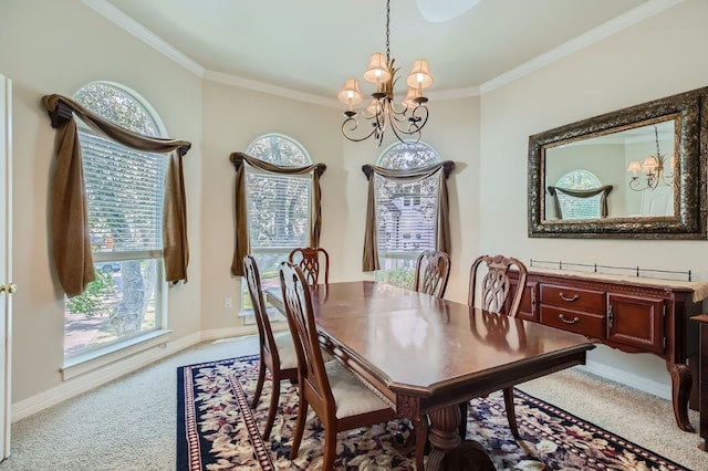 dining space featuring a wealth of natural light, light colored carpet, and an inviting chandelier