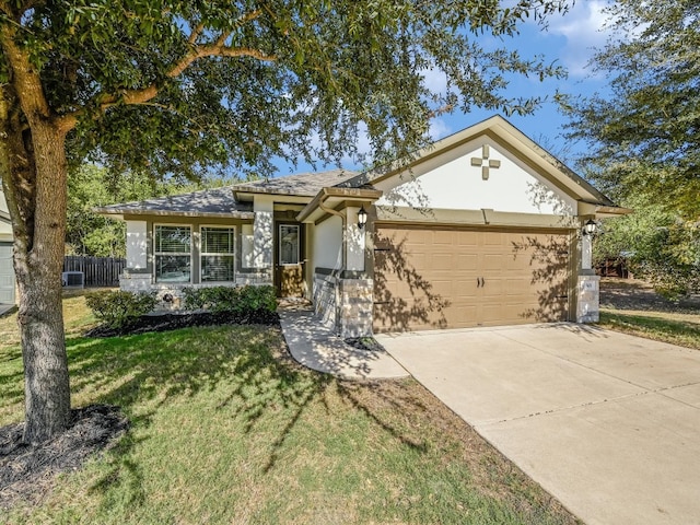 ranch-style house with a front yard and a garage