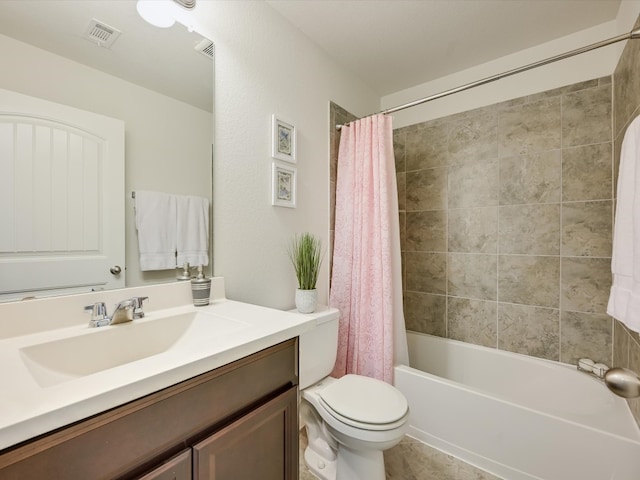 full bathroom featuring toilet, vanity, and shower / bathtub combination with curtain