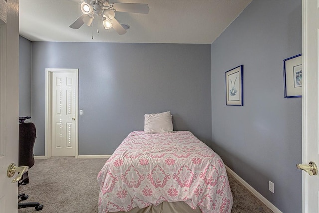 bedroom with baseboards, carpet floors, and ceiling fan