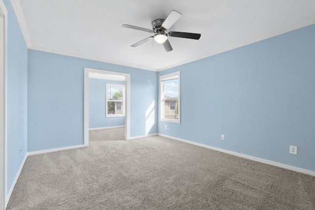 spare room with carpet, ornamental molding, and ceiling fan