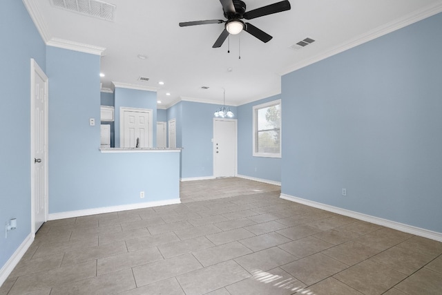 spare room with ornamental molding, ceiling fan with notable chandelier, and light tile patterned floors