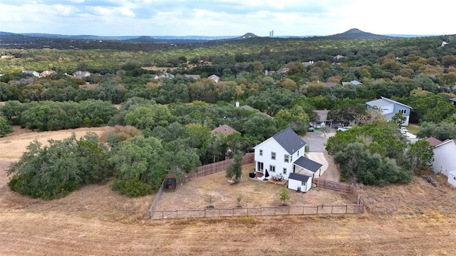 drone / aerial view featuring a mountain view