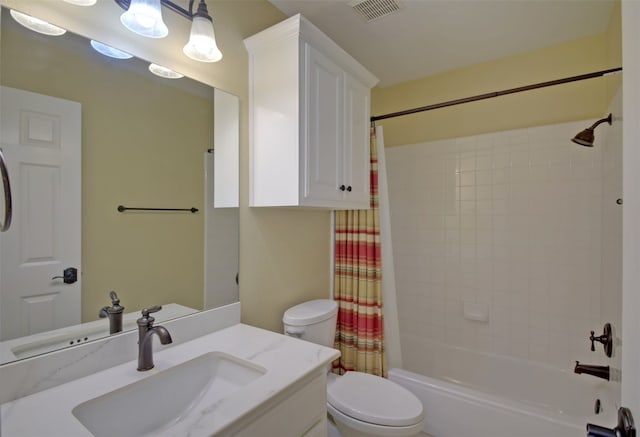 full bathroom with vanity, toilet, and shower / bathtub combination with curtain