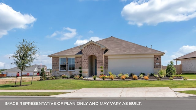 ranch-style home with a garage and a front lawn