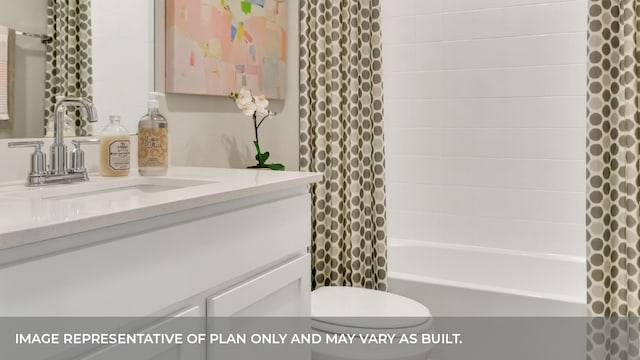 full bathroom featuring vanity, toilet, and shower / tub combo with curtain