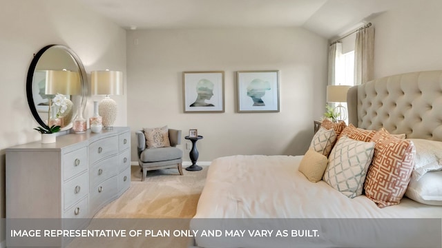 bedroom featuring lofted ceiling and light colored carpet