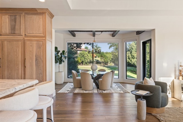 dining area featuring hardwood / wood-style floors and beam ceiling