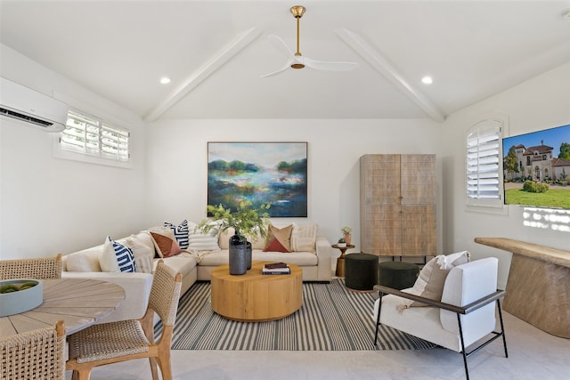 living room featuring an AC wall unit, vaulted ceiling with beams, and ceiling fan