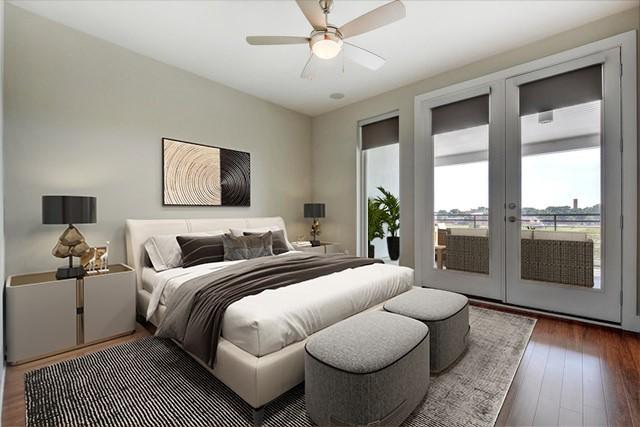 bedroom with ceiling fan, dark wood-type flooring, access to outside, and french doors