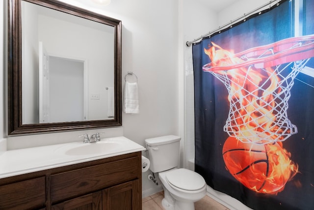 full bathroom featuring vanity, toilet, shower / bathtub combination with curtain, and tile patterned flooring