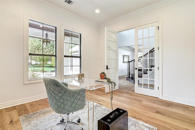 15006 Nightingale Ln, Austin, TX 78734 - office area with ornamental molding, wood finished floors, and recessed lighting