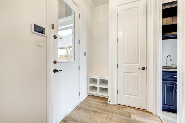 doorway featuring crown molding, light hardwood / wood-style floors, and sink