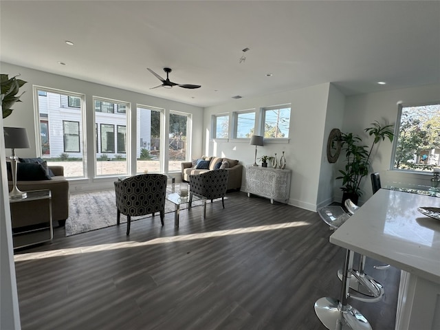 living room featuring a healthy amount of sunlight and dark wood-type flooring