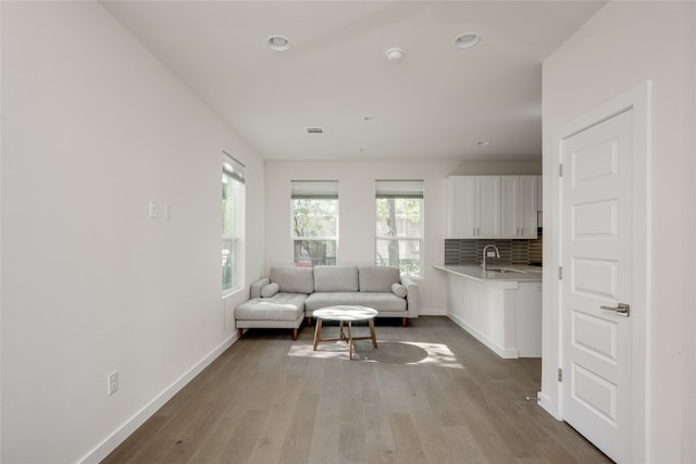 unfurnished living room with light hardwood / wood-style floors and sink