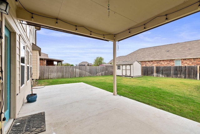 view of patio / terrace featuring a shed