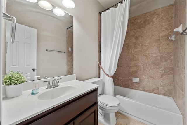 full bathroom featuring toilet, vanity, shower / bathtub combination with curtain, and tile patterned flooring