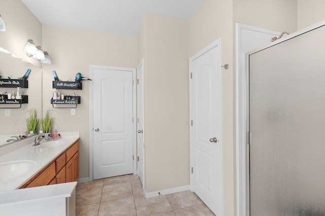 bathroom featuring vanity, a shower with door, and tile patterned flooring