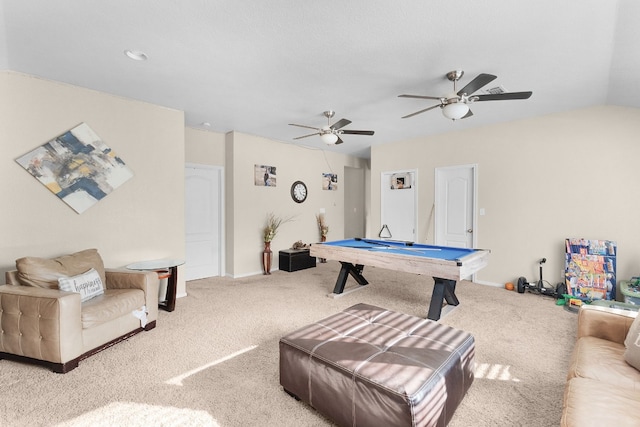 recreation room featuring carpet, vaulted ceiling, billiards, and ceiling fan