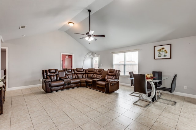 living room featuring ceiling fan, high vaulted ceiling, and light tile patterned flooring