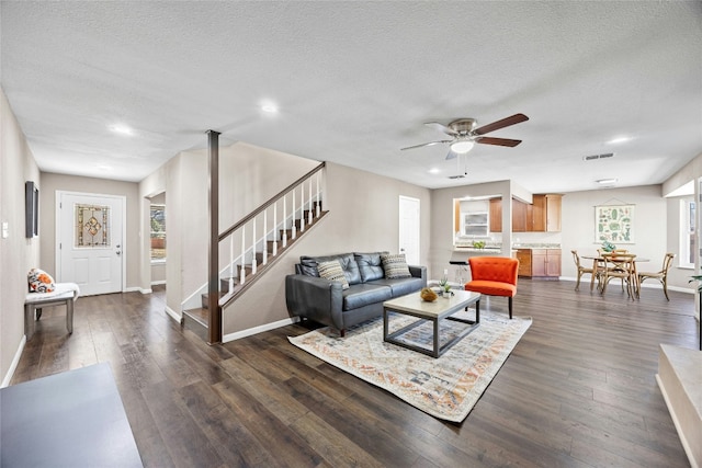 living room featuring ceiling fan, dark hardwood / wood-style flooring, and a textured ceiling