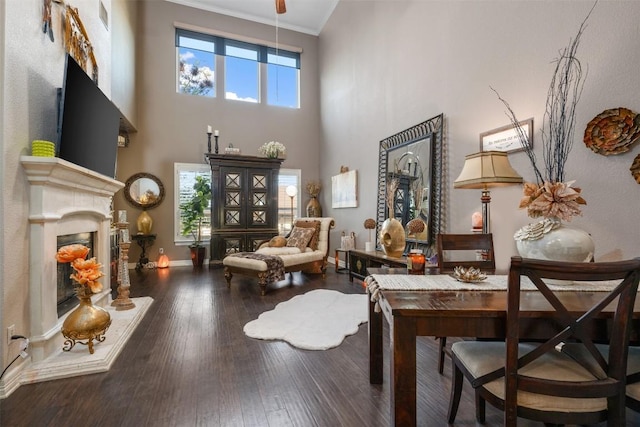 335 Lombardia Dr Unit 19E, Austin, TX 78734 - sitting room with visible vents, wood finished floors, a high ceiling, a fireplace with raised hearth, and ornamental molding