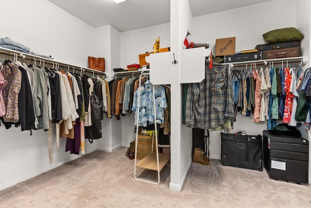 walk in closet featuring light carpet