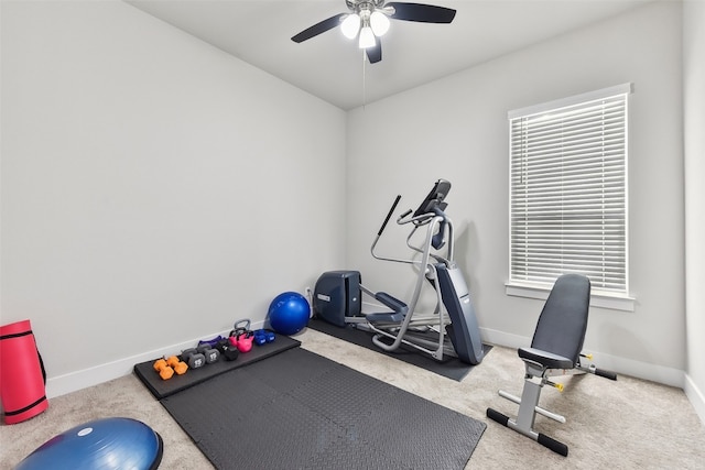 workout area with ceiling fan and carpet flooring