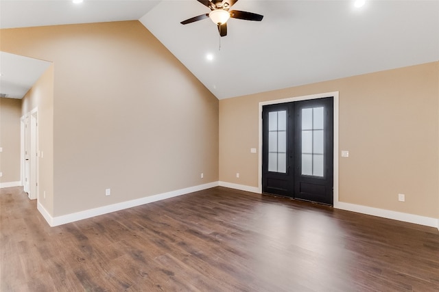 entryway featuring dark wood-type flooring, vaulted ceiling, french doors, and ceiling fan